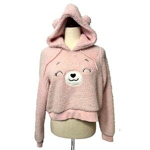 Care Bears Women's M Pink Sherpa Cropped Hoodie Sweatshirt Teddy Fleece Heart